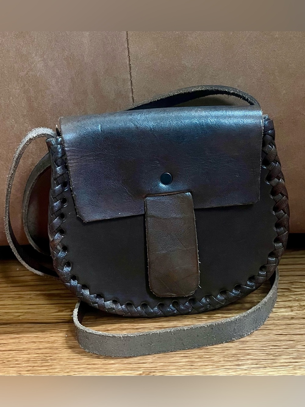 Made in Mexico Whipstitch Braided Small Leather Crossbody Saddle Bag